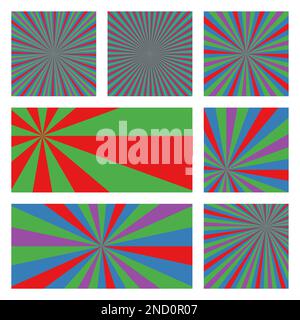 Künstlerische Kollektion mit sonnigen Hintergrundbildern. Abstrakte Abdeckungen mit radialen Strahlen. Trendige Vektordarstellung. Stock Vektor