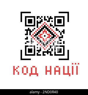 Ukrainisches ethnisches Vektorzeichen, Volkselement, qr-Code-Stilisierung in Rot und Schwarz. Code der Sprache der Textübersetzung. Ukrainisches dekoratives Schild Stock Vektor
