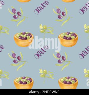 Wasserfarbenes, Nahtloses Olive-Muster. Illustration mit Oliven in einer Holzschüssel und Olivästen. Design for Cosmetics Packaging und so weiter Stockfoto