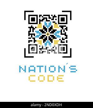 Ukrainisches Vektorfolkmuster. Ethnisches Zeichen, Element, Logo, qr-Code-Stilisierung in Gelb und Blau. Code für die Textübersetzung. Ukrainisch Stock Vektor