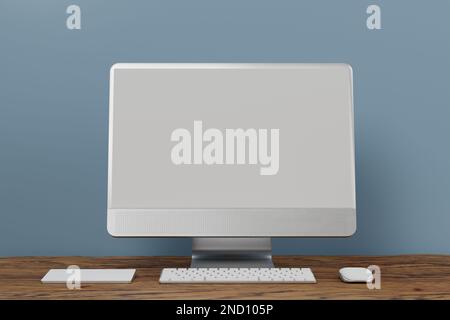 3D Computermonitor, drahtlose Maus, Tastaturschwankungen auf blauem Hintergrund.3D Abbildung Stockfoto