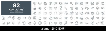 Kontaktiere uns Kollektion für Zeilensymbole. Große UI-Symbolgruppe. Symbolpaket mit dünnen Umrissen. Vektordarstellung EPS10 Stock Vektor