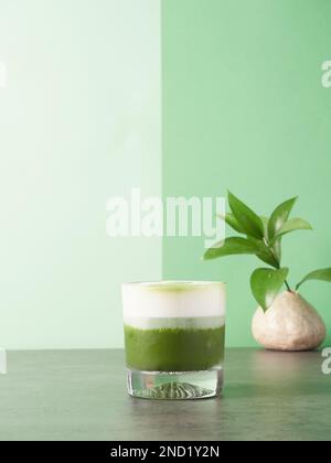 Erfrischender Matcha Latte mit Pulver und Blume oben auf grauer Oberfläche neben grüner Pflanze auf grünem Hintergrund Stockfoto
