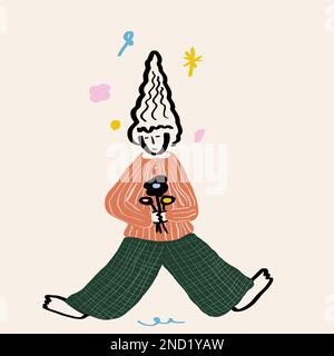 Vektordarstellung einer Cartoon-Frau in einem orangefarbenen gestreiften Pullover und einer grünen karierten Hose, die glücklich mit einem Blumenstrauß auf dem beigen Rücken sitzt Stockfoto