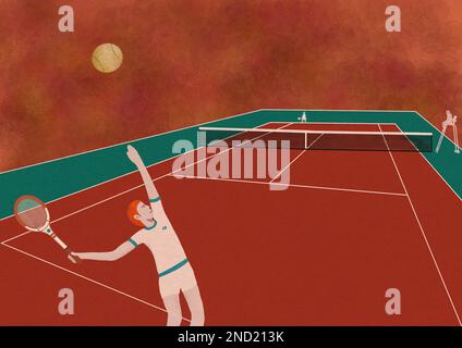 Kreative Vektorschablone männlicher Sportler in Aktivbekleidung mit Schläger beim Tennisspielen auf dem Platz Stockfoto