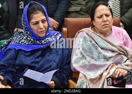 Srinagar, Indien. 15. Februar 2023. Die ehemalige Ministerpräsidentin des Staates Jammu und Kaschmir, Mehbooba Mufti, ergreift Gesten, während sie während einer Pressekonferenz spricht. Mehbooba Mufti hat beim Angriff auf die Zentralregierung eine gewaltige Anschuldigung gemacht. (Foto von Mubashir Hassan/Pacific Press) Kredit: Pacific Press Media Production Corp./Alamy Live News Stockfoto