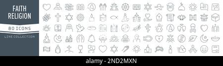Sammlung von Symbolen für Religion und Glaubenslinie. Große UI-Symbolgruppe in flachem Design. Symbolpaket mit dünnen Umrissen. Vektordarstellung EPS10 Stock Vektor