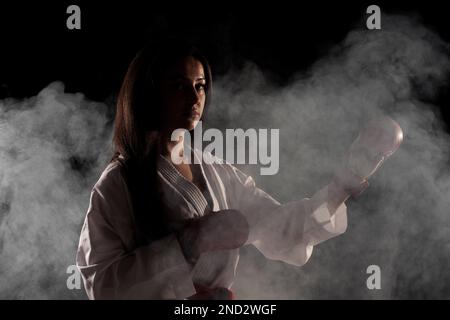 Schönes Mädchen Ausübung Karate Pose vor Nebel Hintergrund Stockfoto