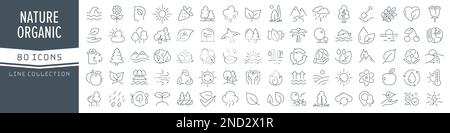 Ikonensammlung für Natur und organische Linien. Große UI-Symbolgruppe in flachem Design. Symbolpaket mit dünnen Umrissen. Vektordarstellung EPS10 Stock Vektor