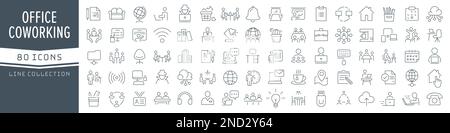 Symbolsammlung für Büro- und Teamarbeitslinien. Große UI-Symbolgruppe in flachem Design. Symbolpaket mit dünnen Umrissen. Vektordarstellung EPS10 Stock Vektor