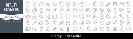 Kollektion mit Symbolen für Schönheits- und Kosmetiklinien. Große UI-Symbolgruppe in flachem Design. Symbolpaket mit dünnen Umrissen. Vektordarstellung EPS10 Stock Vektor