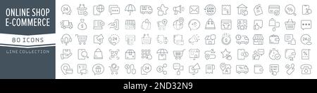 Symbolsammlung für E-Commerce und Online-Shopping. Große UI-Symbolgruppe in flachem Design. Symbolpaket mit dünnen Umrissen. Vektordarstellung EPS10 Stock Vektor
