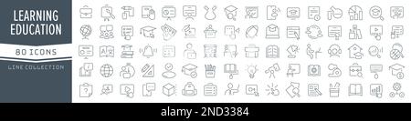 Symbolsammlung für Bildungs- und Lernlinien. Große UI-Symbolgruppe in flachem Design. Symbolpaket mit dünnen Umrissen. Vektordarstellung EPS10 Stock Vektor