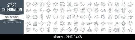 Kollektion mit Stars und Celebration Line Icons. Große UI-Symbolgruppe in flachem Design. Symbolpaket mit dünnen Umrissen. Vektordarstellung EPS10 Stock Vektor