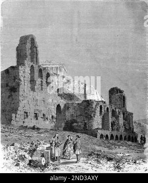 Odeon of Herodes Atticus, Herodeon oder Herodeion (AD161) römisches Theater mit Parthenon im Hintergrund, Akropolis Athen Griechenland. Vintage-Gravur oder Abbildung 1862 Stockfoto