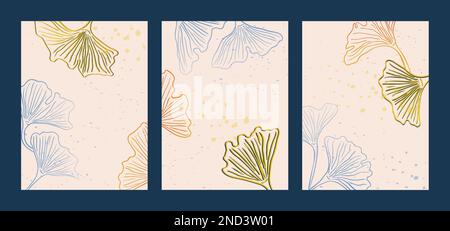 Abstrakte Ginkgo-biloba-Blätter legen Vorlagen fest. Art déco-Hintergrund mit japanischen Blättern in Vintage-Tinte. Ästhetische botanische Muster zur Vektordarstellung von Social-Media-Storypostern Stock Vektor