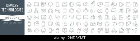 Symbolsammlung für Geräte und Technologie. Große UI-Symbolgruppe in flachem Design. Symbolpaket mit dünnen Umrissen. Vektordarstellung EPS10 Stock Vektor