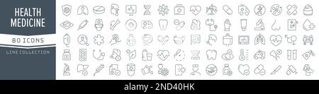 Gesundheit und Medizin Liniensammlung. Große UI-Symbolgruppe in flachem Design. Symbolpaket mit dünnen Umrissen. Vektordarstellung EPS10 Stock Vektor
