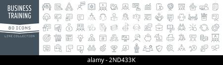 Sammlung von Symbolen für Geschäftsschulungen und Werkstattlinien. Große UI-Symbolgruppe in flachem Design. Symbolpaket mit dünnen Umrissen. Vektordarstellung EPS10 Stock Vektor