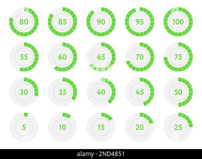 Prozentuale Infografik-Verlaufsdiagramme. Tortendiagramme mit grünem Prozentsatz. Vektordarstellung Stock Vektor