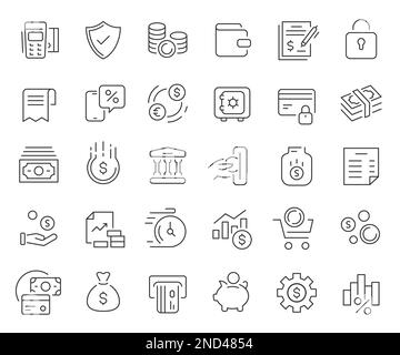 Symbolsammlung für Finanz- und Bankverbindungen. Symbolpaket mit dünnen Umrissen. Vektordarstellung EPS10 Stock Vektor