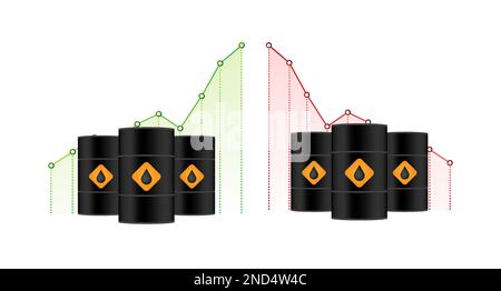 Anstieg und Rückgang der Ölmarktpreise. Ölfässer. Weltweite Inflation. Vektorgrafik. Stock Vektor