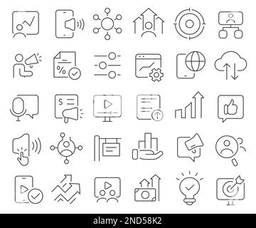 Symbolsammlung für Werbe- und Werbelinien. Symbolpaket mit dünnen Umrissen. Vektordarstellung EPS10 Stock Vektor