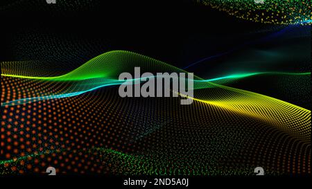 Dynamische Schallwellen von Partikeln, die im Dunkeln fließen. Halbtongrafik mit Punkten Kurven. Verbindungsstruktur. Vektor für verschwommenes Licht abstrakter Hintergrund. Stockfoto