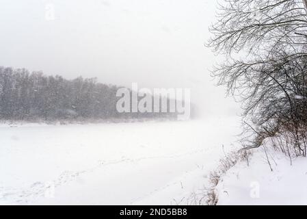 Schräges Fliegen im Wind Schneeflocken bedecken ihre Spuren in einem schweren Schneesturm auf dem Eis des sibirischen Flusses vor dem Hintergrund von Bäumen auf zwei Bas Stockfoto