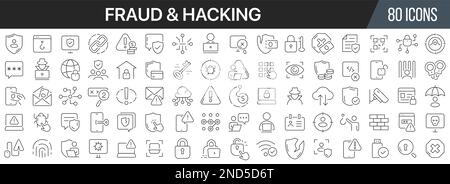 Sammlung von Symbolen für Betrug und Hacking. Große UI-Symbolgruppe in flachem Design. Symbolpaket mit dünnen Umrissen. Vektordarstellung EPS10 Stock Vektor