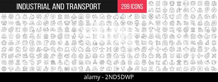 Lineare Symbolsammlung für Industrie und Transport. Großer Satz von 299 dünnen Symbolen in Schwarz. Vektordarstellung Stock Vektor