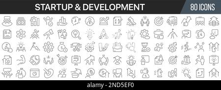 Symbolsammlung für Start- und Entwicklungslinien. Große UI-Symbolgruppe in flachem Design. Symbolpaket mit dünnen Umrissen. Vektordarstellung EPS10 Stock Vektor