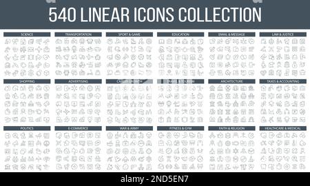 540 lineare Symbolsammlung in verschiedenen Kategorien. Eine große Auswahl an Symbolen Stock Vektor