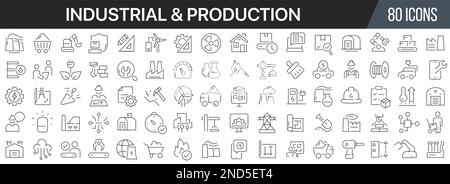 Symbolsammlung für Industrie und Produktionslinien. Große UI-Symbolgruppe in flachem Design. Symbolpaket mit dünnen Umrissen. Vektordarstellung EPS10 Stock Vektor