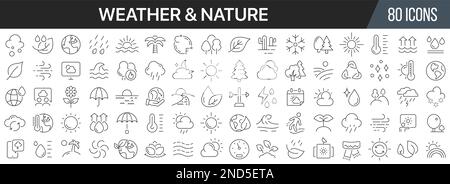 Icons-Kollektion für Natur- und Wetterlinien. Große UI-Symbolgruppe in flachem Design. Symbolpaket mit dünnen Umrissen. Vektordarstellung EPS10 Stock Vektor