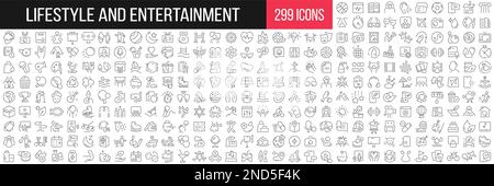 Lineare Symbolsammlung für Lifestyle und Unterhaltung. Großer Satz von 299 dünnen Symbolen in Schwarz. Vektordarstellung Stock Vektor