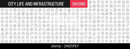 Lineare Ikonensammlung für Stadtleben und Infrastruktur. Großer Satz von 299 dünnen Symbolen in Schwarz. Vektordarstellung Stock Vektor