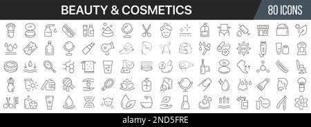 Kollektion mit Symbolen für Schönheits- und Kosmetiklinien. Große UI-Symbolgruppe in flachem Design. Symbolpaket mit dünnen Umrissen. Vektordarstellung EPS10 Stock Vektor