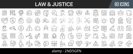 Symbolsammlung der Linien „Law and Justice“. Große UI-Symbolgruppe in flachem Design. Symbolpaket mit dünnen Umrissen. Vektordarstellung EPS10 Stock Vektor