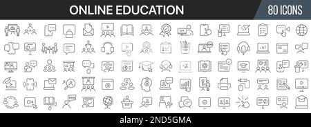 Symbolsammlung für Online-Schulungen und Seminare. Große UI-Symbolgruppe in flachem Design. Symbolpaket mit dünnen Umrissen. Vektordarstellung EPS10 Stock Vektor
