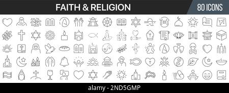 Sammlung von Symbolen für Religion und Glaubenslinie. Große UI-Symbolgruppe in flachem Design. Symbolpaket mit dünnen Umrissen. Vektordarstellung EPS10 Stock Vektor