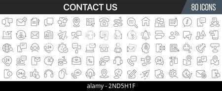 Kontaktieren Sie uns und unterstützen Sie die Symbolsammlung für die Line. Große UI-Symbolgruppe in flachem Design. Symbolpaket mit dünnen Umrissen. Vektordarstellung EPS10 Stock Vektor