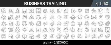 Sammlung von Symbolen für Geschäftsschulungen und Werkstattlinien. Große UI-Symbolgruppe in flachem Design. Symbolpaket mit dünnen Umrissen. Vektordarstellung EPS10 Stock Vektor