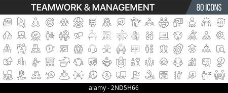 Symbolsammlung für Teamwork und Management. Große UI-Symbolgruppe in flachem Design. Symbolpaket mit dünnen Umrissen. Vektordarstellung EPS10 Stock Vektor