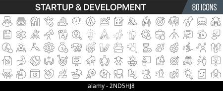 Symbolsammlung für Start- und Entwicklungslinien. Große UI-Symbolgruppe in flachem Design. Symbolpaket mit dünnen Umrissen. Vektordarstellung EPS10 Stock Vektor