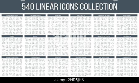 540 lineare Symbolsammlung in verschiedenen Kategorien. Eine große Auswahl an Symbolen Stock Vektor