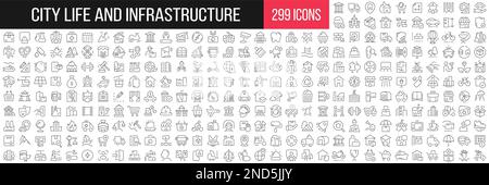 Lineare Ikonensammlung für Stadtleben und Infrastruktur. Großer Satz von 299 dünnen Symbolen in Schwarz. Vektordarstellung Stock Vektor