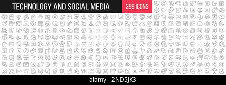 Lineare Symbolsammlung für Technologie und soziale Medien. Großer Satz von 299 dünnen Symbolen in Schwarz. Vektordarstellung Stock Vektor