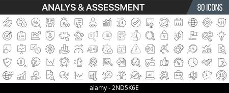 Symbolsammlung für Analyse- und Bewertungszeilen. Große UI-Symbolgruppe in flachem Design. Symbolpaket mit dünnen Umrissen. Vektordarstellung EPS10 Stock Vektor