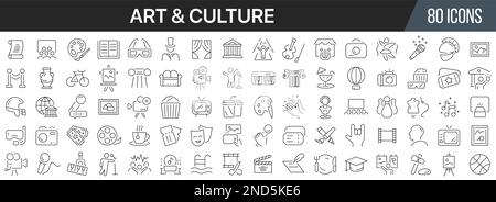 Sammlung von Kunst- und Kultursymbolen. Große UI-Symbolgruppe in flachem Design. Symbolpaket mit dünnen Umrissen. Vektordarstellung EPS10 Stock Vektor